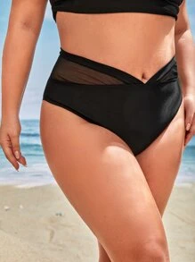Bottom de bikini de talla grande de verano con espalda fruncida y malla de contraste - Negro - Ver 4