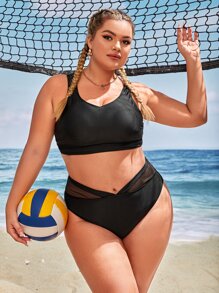 Bottom de bikini de talla grande de verano con espalda fruncida y malla de contraste - Negro - Ver 5