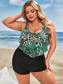 SHEIN Swim Curve Summer Plus Size Tropical & Leopard Print Hanky Hem One Piece Swimsuit - Multicolor - View 1