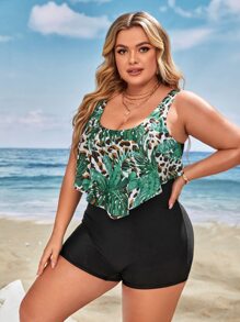 SHEIN Swim Curve Summer Plus Size Tropical & Leopard Print Hanky Hem One Piece Swimsuit - Multicolor - View 3