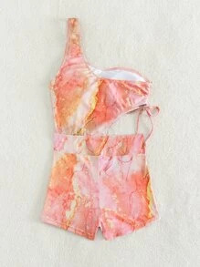 Marble Print Cut-out One Shoulder One Piece Swimsuit - Multicolor - View 4