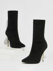Point Toe Stiletto Heeled Sock Boots - Black - View 3