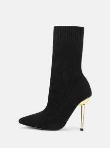 Point Toe Stiletto Heeled Sock Boots - Black - View 4