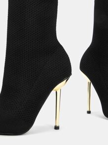 Point Toe Stiletto Heeled Sock Boots - Black - View 5