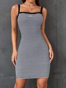 SHEIN EZwear Striped Print Patched Cami Bodycon Dress - Black and White - View 2