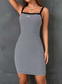 SHEIN EZwear Striped Print Patched Cami Bodycon Dress - Black and White - View 5