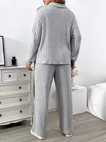 EMERY ROSE Plus Contrast Side Seam Drop Shoulder Tee & Trousers - Light Grey - View 2