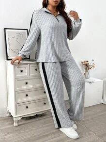 EMERY ROSE Plus Contrast Side Seam Drop Shoulder Tee & Trousers - Light Grey - View 5