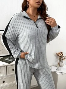 EMERY ROSE Plus Contrast Side Seam Drop Shoulder Tee & Trousers - Light Grey - View 6