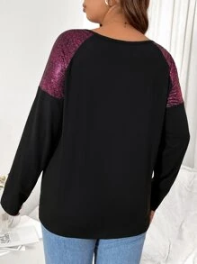 SHEIN LUNE Plus Contrast Sequin Heart & Lip Print Raglan Sleeve Tee - Black - View 2