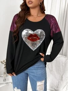 SHEIN LUNE Plus Contrast Sequin Heart & Lip Print Raglan Sleeve Tee - Black - View 3