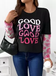 Calvaya Camiseta 2 en 1 de tie dye & con estampado de slogan - Negro - Ver 1