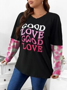 Calvaya Camiseta 2 en 1 de tie dye & con estampado de slogan - Negro - Ver 3