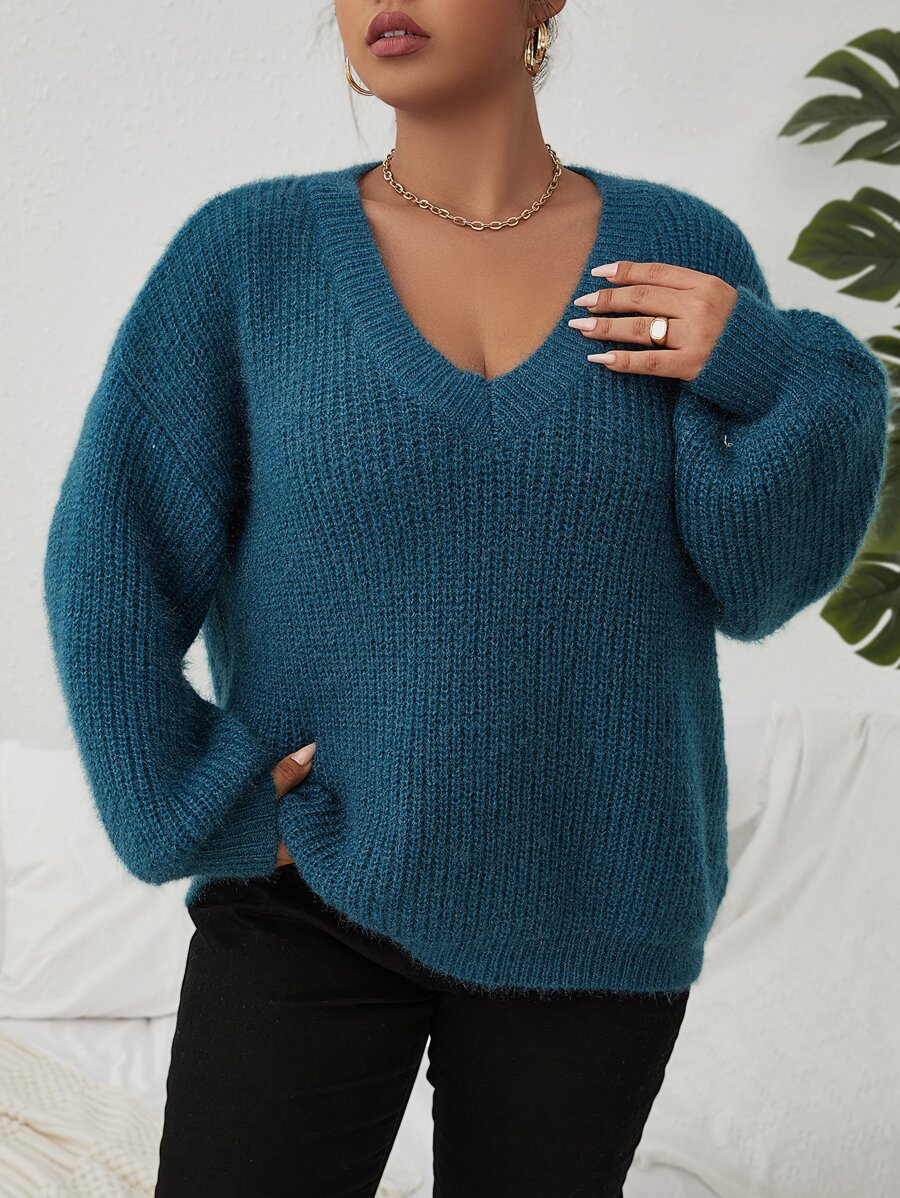 Calvaya Jersey de manga farol tejido de canalé - Azul - Ver 1