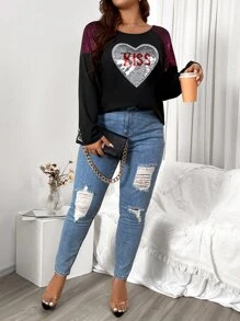 SHEIN LUNE Plus Contrast Sequin Heart & Lip Print Raglan Sleeve Tee - Black - View 5