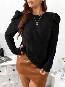 Flirla 大碼羊腿袖條紋針織T恤 - 黑色 - 查看 7