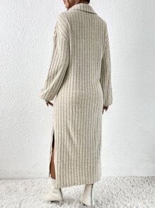 SHEIN Privé 條紋針織落肩袖下擺開叉連衣裙不附腰帶 - 杏色 - 查看 2