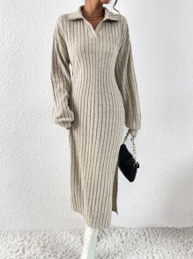 SHEIN Privé 條紋針織落肩袖下擺開叉連衣裙不附腰帶 - 杏色 - 查看 4