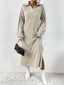 SHEIN Privé 條紋針織落肩袖下擺開叉連衣裙不附腰帶 - 杏色 - 查看 6