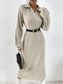 SHEIN Privé 條紋針織落肩袖下擺開叉連衣裙不附腰帶 - 杏色 - 查看 1