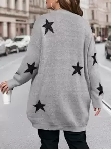 SHEIN Franclia Plus Star Pattern Drop Shoulder Cardigan - Light Grey - View 2