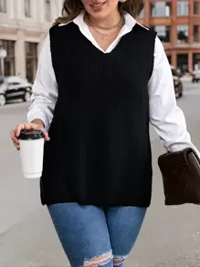 SHEIN LUNE Chaleco de punto tejido de canalé sin camisa - Negro - Ver 1