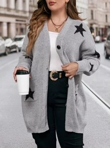 SHEIN Franclia Plus Star Pattern Drop Shoulder Cardigan - Light Grey - View 4
