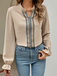 SHEIN Clasi Blusa con cinta en contraste de manga con volante de cuello de muesca - Albaricoque - Ver 1