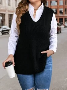 SHEIN LUNE Chaleco de punto tejido de canalé sin camisa - Negro - Ver 4