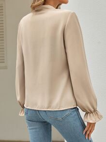 SHEIN Clasi Blusa con cinta en contraste de manga con volante de cuello de muesca - Albaricoque - Ver 2