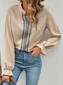 SHEIN Clasi Blusa con cinta en contraste de manga con volante de cuello de muesca - Albaricoque - Ver 4