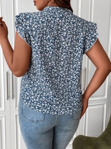 Flirla Plus Ditsy Floral Print Tie Neck Ruffle Trim Blouse - Blue and White - View 2
