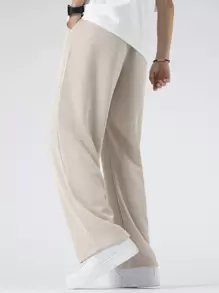 Chillumni 男式寬鬆褲子,帶有字母拼接細節和束口腰帶 - 米色 - 查看 3