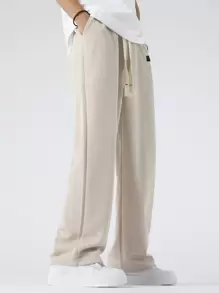 Chillumni 男式寬鬆褲子,帶有字母拼接細節和束口腰帶 - 米色 - 查看 5