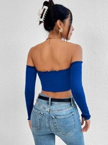 SHEIN BAE Off Shoulder Lettuce Trim Crop Top - Blue - View 2