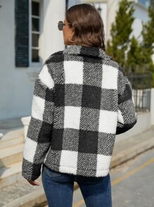 SHEIN Essnce 格紋印花落肩袖絨毛外套