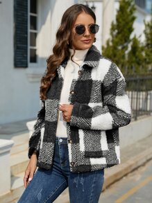 SHEIN Essnce 格紋印花落肩袖絨毛外套