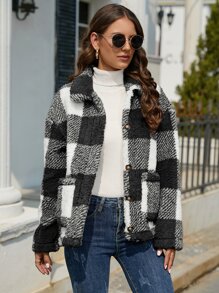 SHEIN Essnce 格紋印花落肩袖絨毛外套