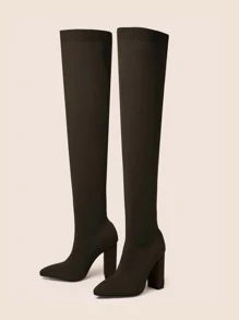 Botas calcetín minimalista de punta con tacón grueso - Café integral - Ver 2