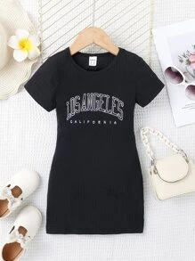 Niñitas Vestido estilo camiseta con estampado de letra tejido de canalé - Negro - Ver 1