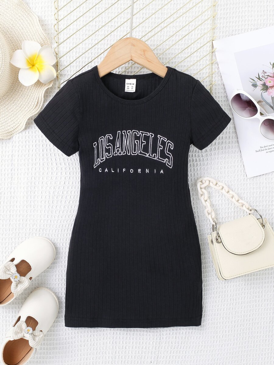 Niñitas Vestido estilo camiseta con estampado de letra tejido de canalé - Negro - Ver 1