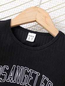 Niñitas Vestido estilo camiseta con estampado de letra tejido de canalé - Negro - Ver 6