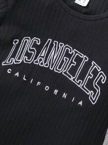 Niñitas Vestido estilo camiseta con estampado de letra tejido de canalé - Negro - Ver 7