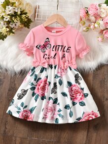 SHEIN 年輕女孩花朵和字母圖案蝴蝶結前裙子