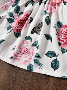 SHEIN 年輕女孩花朵和字母圖案蝴蝶結前裙子