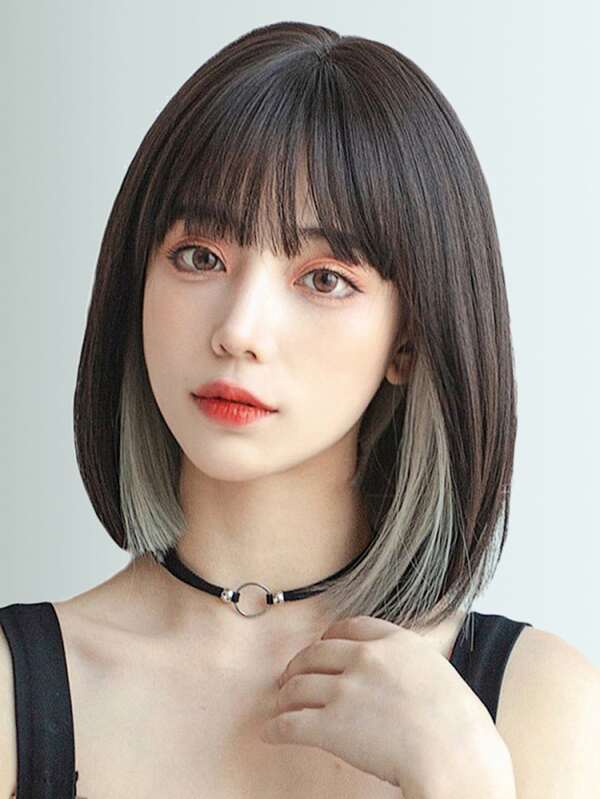 Black Highlight Light Gray Short Bobo Wigs With Bangs 12 Inch Fashion Women's Wigs Synthetic Heat Resistant Wigs Daily Used Hair Beginner Friendly,Suitable For Various Occasions, Including , Christmas, New Year, Parties, Vacations, Winter