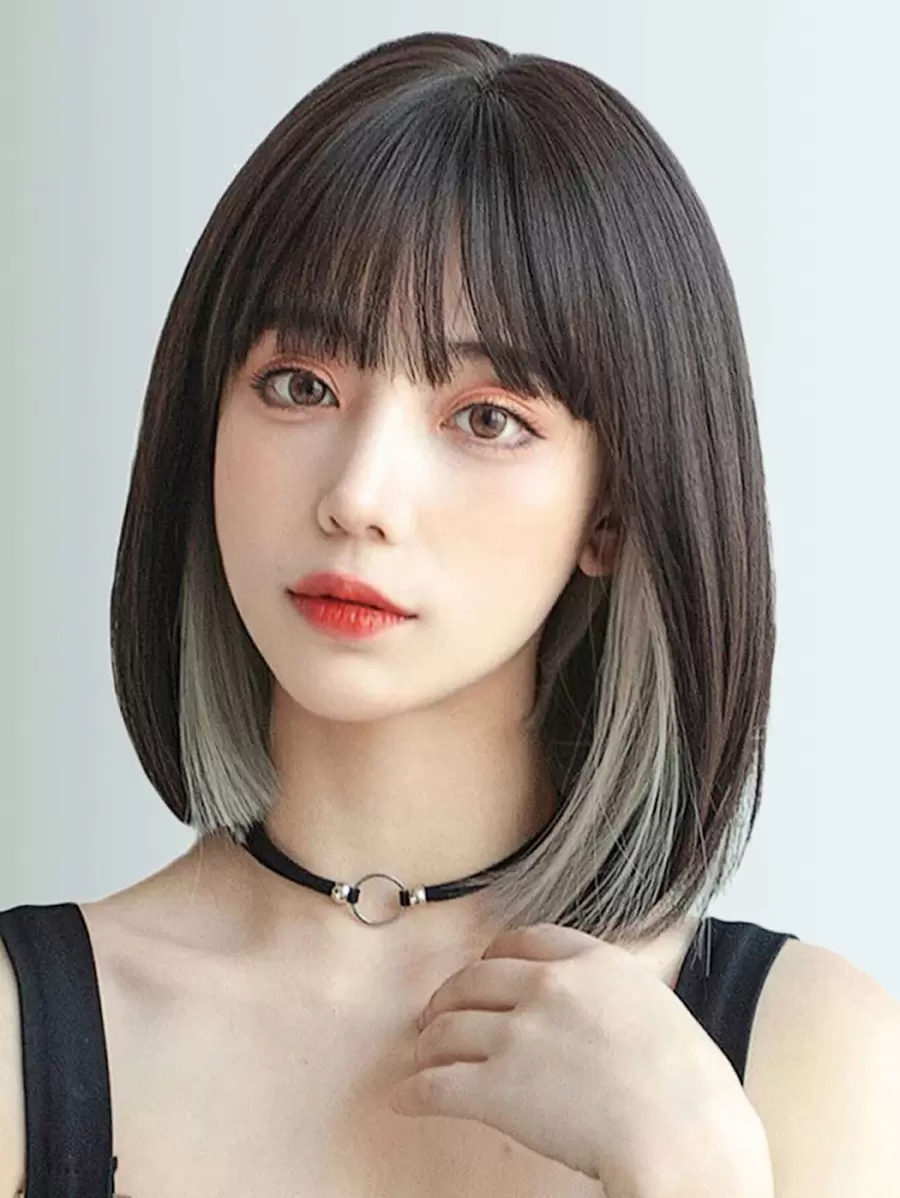 Tóc giả Bobo ngắn màu xám nhạt nổi bật màu đen có mái dài 12 inch thời trang dành cho nữ, tóc giả tổng hợp chịu nhiệt, tóc dùng hàng ngày, thân thiện với người mới bắt đầu, phù hợp cho nhiều dịp khác nhau, bao gồm Giáng sinh, Năm mới, Tiệc tùng, Kỳ nghỉ, Mùa đông - Nhiều màu - Xem 1