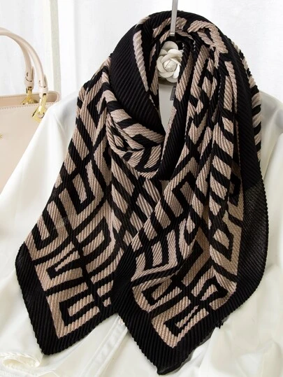 1pc Women Fashionable Printed Linen Wrinkled Scarf Shawl Head Wrap Decorative Knitted Scarf, Suitable For Daily Wear Elegant Accessories Women Winter Fall