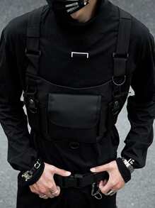 Bolsa de pecho multifuncional clásica, personalizada, estilo hip-hop, táctica y funcional con múltiples bolsillos, correa ajustable para el hombro, tipo chaleco casual, adecuada para actividades al aire libre como escalada, senderismo y ciclismo. - Negro - Ver 3