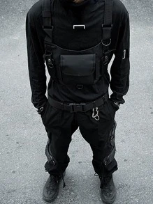 Bolsa de pecho multifuncional clásica, personalizada, estilo hip-hop, táctica y funcional con múltiples bolsillos, correa ajustable para el hombro, tipo chaleco casual, adecuada para actividades al aire libre como escalada, senderismo y ciclismo. - Negro - Ver 5